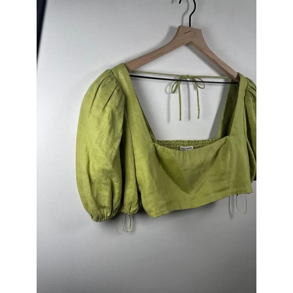 Reformation 100% Linen Puff Sleeve Crop Top Green, Size 10